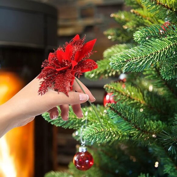 12 Gold Glitter Poinsettia Flowers - Artificial Christmas Ornaments - Picture 5 of 6